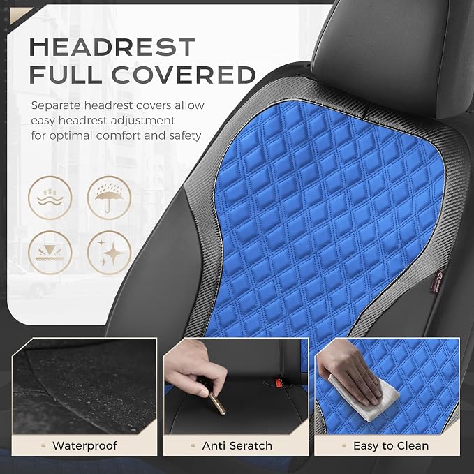 Coverado Seat Covers Full Set, Luxury Diamond Leather Car Seat Cover with Carbon Fiber Textured Design, Waterproof Car Seat Protector, Black&Blue Front and Rear Seat Covers Universal Fit Most Cars - Image 3