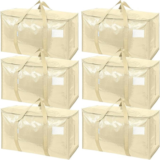 TICONN 6 Pack Extra Large Moving Bags Heavy Duty with Zippers & Carrying Handles, Durable Storage Bags Moving Boxes for Closet Organizers and Storage (6 Pack, Cream) by TICONN
