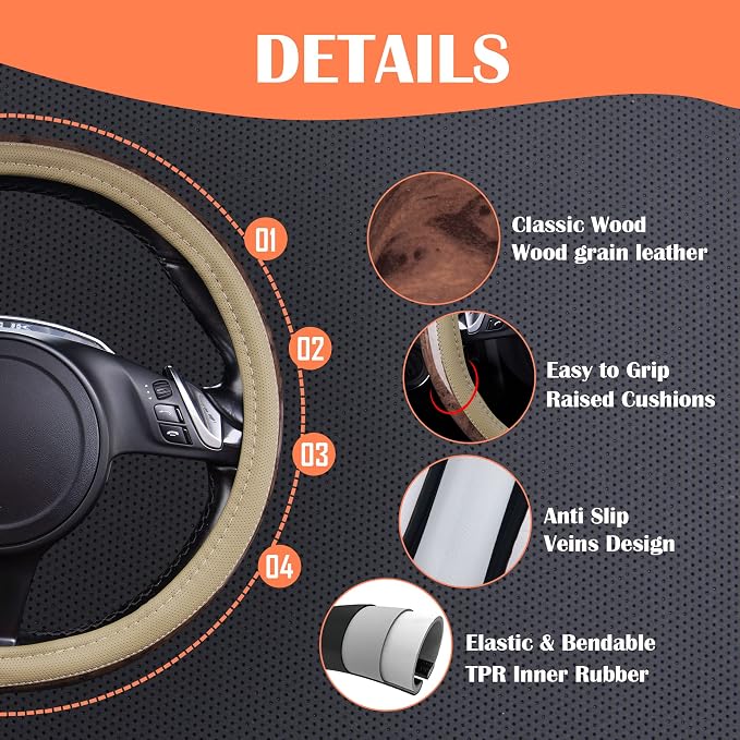 CAR PASS Wood Grain 14.5-15 inch Microfiber Leather Steering Wheel Cover, Anti-Slip Veins Design Steering Wheel Universal Fit for Most Cars, Sedans, SUV， Beige - Image 4
