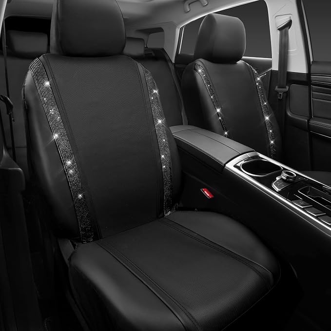 CAR PASS Leather Bling Diamond Car Seat Covers 2 Front Interior Sets, Waterproof Universal Shining Glitter Crystal Sparkle Fit for 95% Automotive Truck SUV Cute Women Girl, Black Rhinestone - Image 7