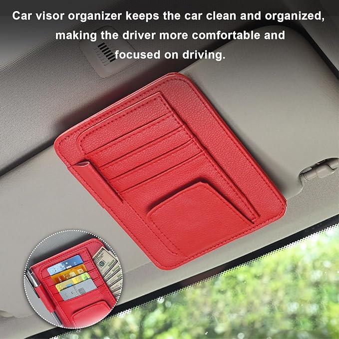 Dickno 2PCS Small Leather Car Sun Visor Organizer, Multifunctional Auto Visor Document Holder with Sunglasses Clip, Universal Car Interior Organizer for Drving License, Card, Pen (Red) - Image 4