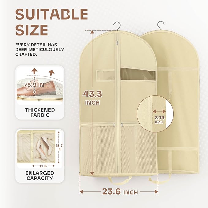 Lazebox 43" Travel Garment Bag with Accessories Zipper Pocket, Heavy Duty Suit Bag for Suits, Tuxedos, Dresses, Coats, Beige, 1 pack - Image 3