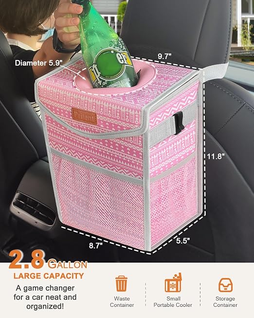 Pritent Car Trash Can with Lid Leakproof Car Garbage Bag Vehicle Trash Bin | Hanging Automotive Garbage Can,Multipurpose Car Accessories for Women Men Interior Car Storage Organizer(2.8 Gal,Pink Print) - Image 2