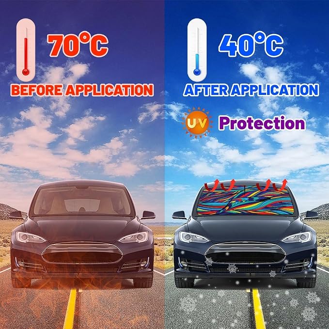 Neon Wave Print Car Sunshade Umbrella Colorful Neon Windshield Sun Shade for Car Retractable Umbrella Sunshades for Front Window Sun Shades Cover Visor Portector Block UV Ray - Image 3
