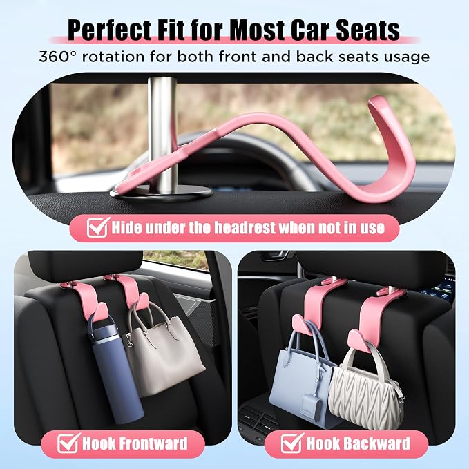 Amooca Car Seat Headrest Hooks 4-Pack Storage Organizer Holds 55 lbs | Universal Fit Most Car/SUV/Truck, Anti-drop, Hanger for Backpack Umbrella Water Bottle Coat Purses Handbags Groceries, Pink - Image 5