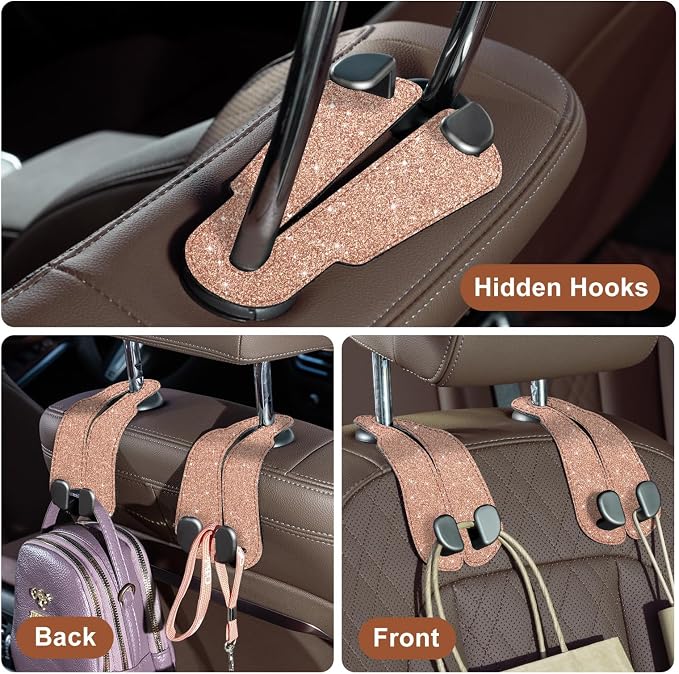 CoBak Purse Hook for Car - Universal Premium Stitched Leather and Aluminum-Magnesium Alloy Double Car Seat Back Storage Hook for Purses, Handbags, Bags (2 Pack),Glitter Rose - Image 6