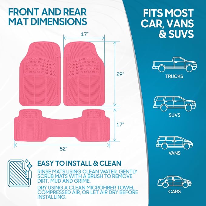 BDK ProLiner Pink Car Floor Mats for Cars Trucks SUV 3pc All-Weather | Heavy Duty Rubber Liners with Universal Trimmable Fit, Durable Waterproof Car Accessories Auto Floor Mats for Women Men - Image 2