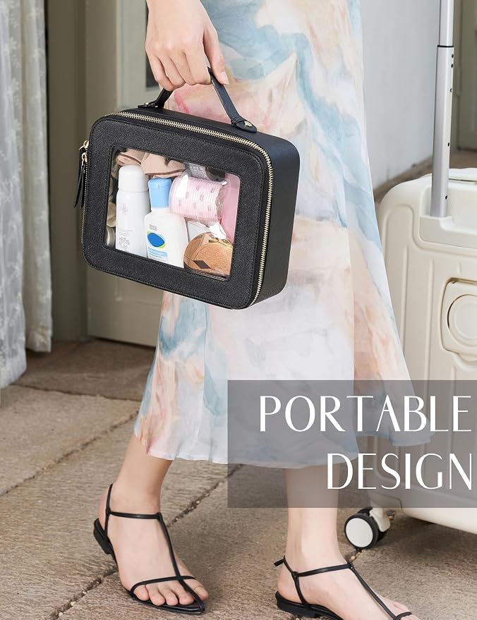 Clear Toiletry Bag 2 Pack, Travel Makeup Bag Medium and Large Black | Structured Clear Cosmetic Case with Zipper, Car Essential Organizer Bag for Women, Waterproof PU Leather, Wide Open Portable - Image 4