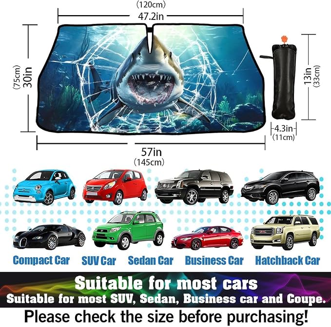 Shark Car Windshield Sun Shade Umbrella Bendable Handle Foldable Funny Sunshade for Car Windshield Block UV Rays Keep Vehicle Cool for Most Sedans SUV Trucks Cars 57"x30" - Image 6