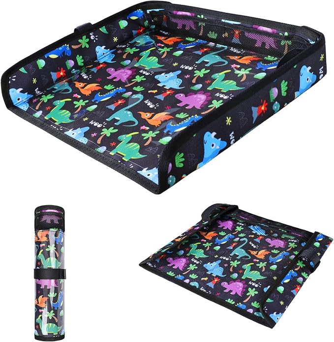 COOLBEBE Airplane Tray Table Cover, Foldable Travel Tray Cover | for Toddlers 1-3, Universal Fit for Airplane, Car Seat, High Chair, Machine Washable, Portable, Black Dinosaur by COOLBEBE