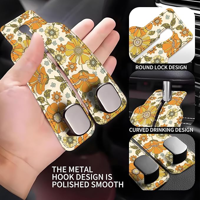 Car Seat Back Storage Headrest Hook, Premium Leather Double Metal Hook, Hanger Storage Organizer for Purse Cloth Bag, Car Interior Accessories Boho Orange Flowers - Image 3