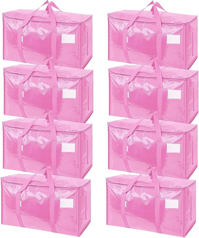 TICONN 8 Pack Extra Large Moving Bags Heavy Duty with Zippers & Carrying Handles, Durable Storage Bags Moving Boxes for Closet Organizers and Storage (8 Pack, Pink) by TICONN