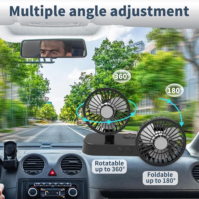 Car Fan, Portable USB Powered Dual Head Cooling Fan for Car, 360° Rotatable & 2 Speeds Adjustable & Mist Function, Powerful Air Circulation for Vehicle Truck SUV Jeep RV Boat, 12V - Image 4