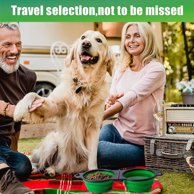 SLSON Collapsible Dog Dual Bowls Reinforced Rim 180 Degrees Flip Over Foldable Double Bowl with Lock Clips More Stable Dog Travel Bowls Pet Food Water Feeder (Green) - Image 5
