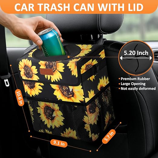 Vankor Car Trash Can with Lid Leak Proof Car Accessories for Women | 2.2 Gallon Cute Hanging Car Trash Bin for Men Car Truck Vehicle Sedan SUV Interior Automotive Garbage Cans, Sunflower - Image 2