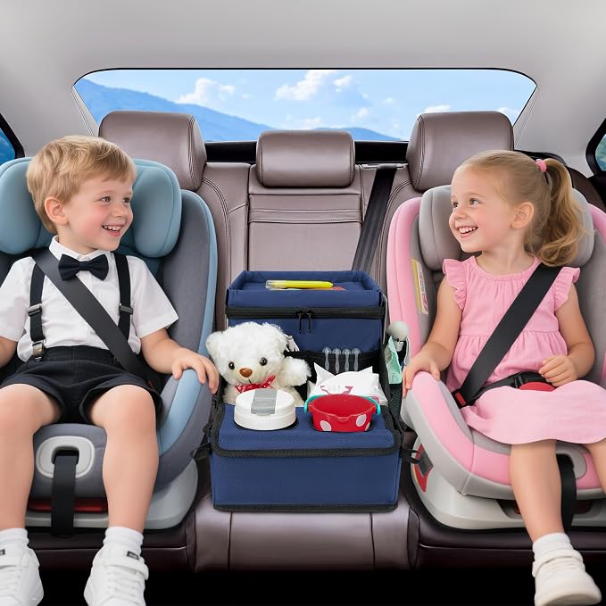 Backseat Organizer for Kids & Adults – Car Seat Cooler Warmer with 2-in-1 Writing Tray, Cup Holders & 11 Storage Compartments | Road Trip Car Organizer for Front & Back Seat (Black) (Navy Blue) - Image 9