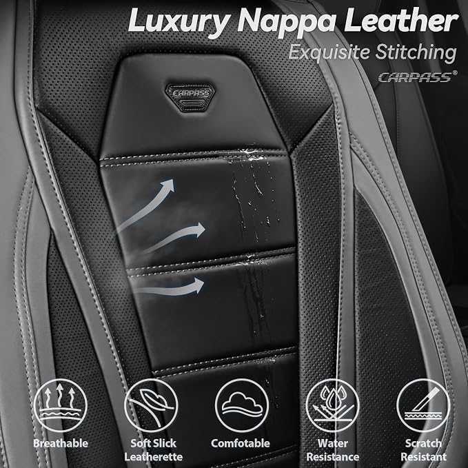 CAR PASS Nappa Leather Car Seat Covers Full Set Faux Leather, Black Gray | Luxury Nappa Leather,360° Full Protection,Water resistant,3D Foam Comfort,Universal Fit for Most Cars SUV Truck,Scratch proof - Image 4