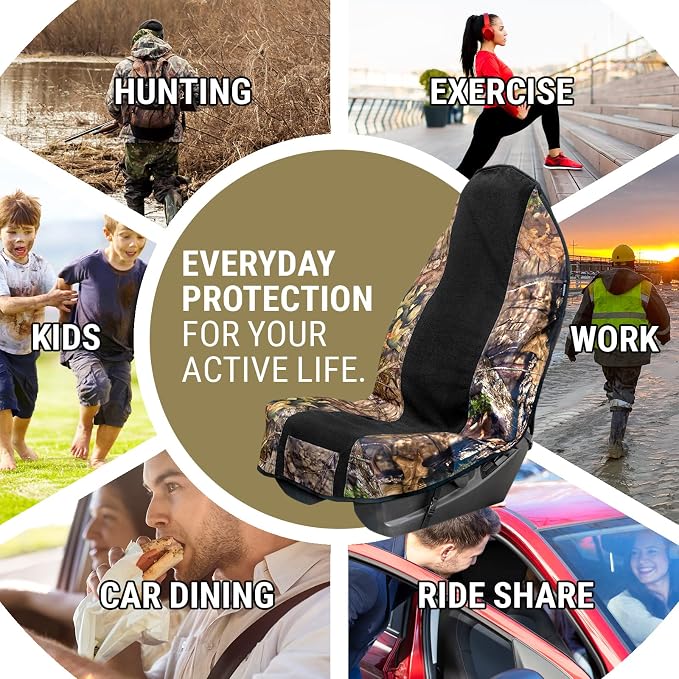 Season Guard Mossy Oak Camo Car Seat Cover Towel Protector; Great for After Gym Workouts, Dogs, Kids, and Outdoor Activities; Universal Fit for Cars SUVs MiniVans Trucks, EZ fit, Non Slip Grip, 1pc - Image 3