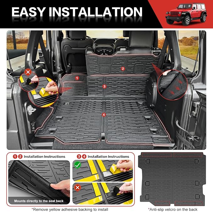 Cargo Liner with Seat Back Cover Fit for 2018-2025 Jeep Wrangler JL Unlimited 4 Door 4X4, Cargo Mat TPE Seat Back Protector for 2024 Jeep Wrangler JL/JLU Accessories(Cargo Mat+ Backrest Mats) - Image 4