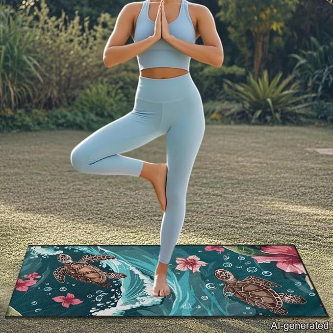 Sea Turtle Print Car Seat Cover Towels Front Seats Hibiscus Print Automotive Seat Covers for Truck Sedan SUV Sweat Absorption Running Towel, Workout Towel and Yoga Mat - Image 8