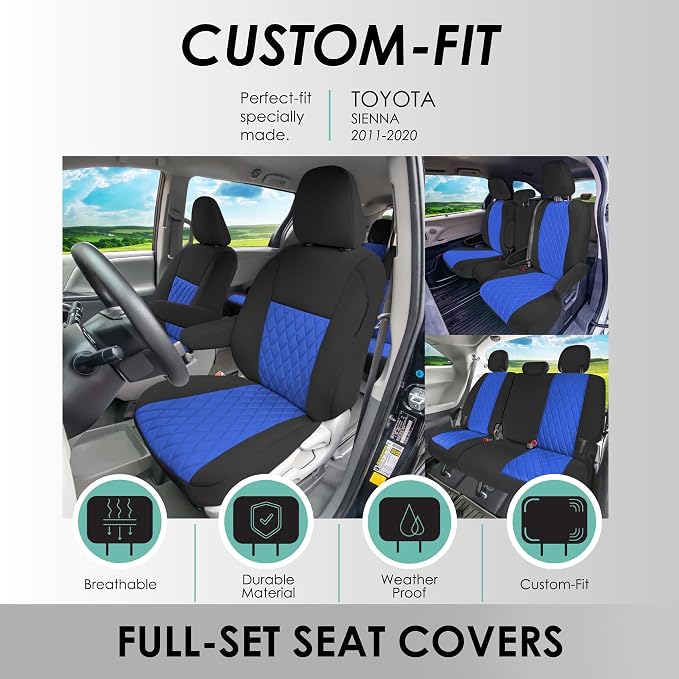 FH Group Custom Fit Car Seat Covers Specifically Made for Toyota Sienna 2011-2020, Car Seat Cover Full Set, 8 Seater Automotive Seat Covers in Blue Neoprene, Waterproof and Washable Seat Covers - Image 2