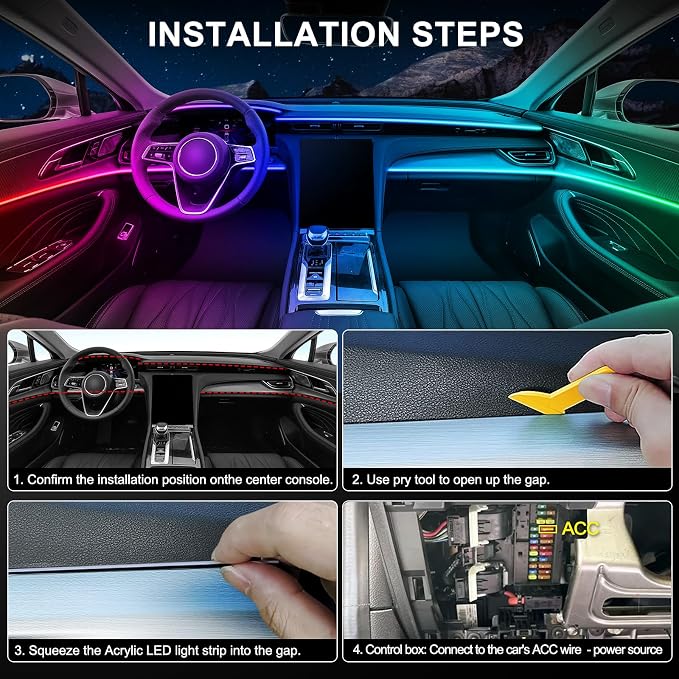 Acrylic Interior Car LED Strip Light with Wireless APP, RGB Dreamcolor 6 in 1 with 175 inches 600 LEDs Fiber Optic Strip Lights for Car, Dynamic Chasing Sound Active Neon Car Ambient Lighting Kits - Image 6