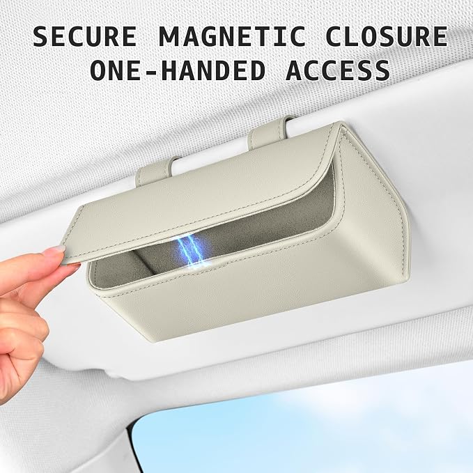 Magnetic Sunglasses Holder for Car Visor, PU Leather Clip, Beige | Soft Inner Lining, One-Handed Access, Holds Eyeglasses, Parking Tickets and Receipts, For Cars, SUVs and Trucks, 1 Pack - Image 2