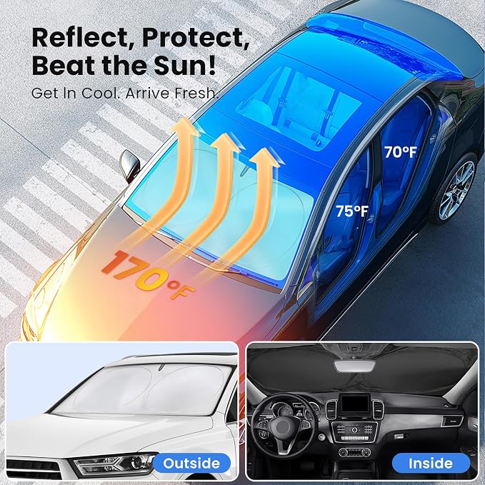 Magnelex Car Windshield Sunshade - Advanced Light-Blocking Protection, Foldable Sun Shade with Mirror Cut-Out Keeps Your Vehicle Cool, Fit for Cars, Trucks, and SUVs - Large (64 x 34 in) - Image 2