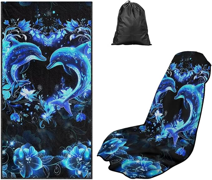 Blue Dolphin Car Seat Cover Towel with Storage Bag Neon Dolphin Car Interior Accessories for Women Men Sweat Auto Interior Seat Protector Running Yoga Hiking After Gym Sweat Towels Universal by YMPUDXFI