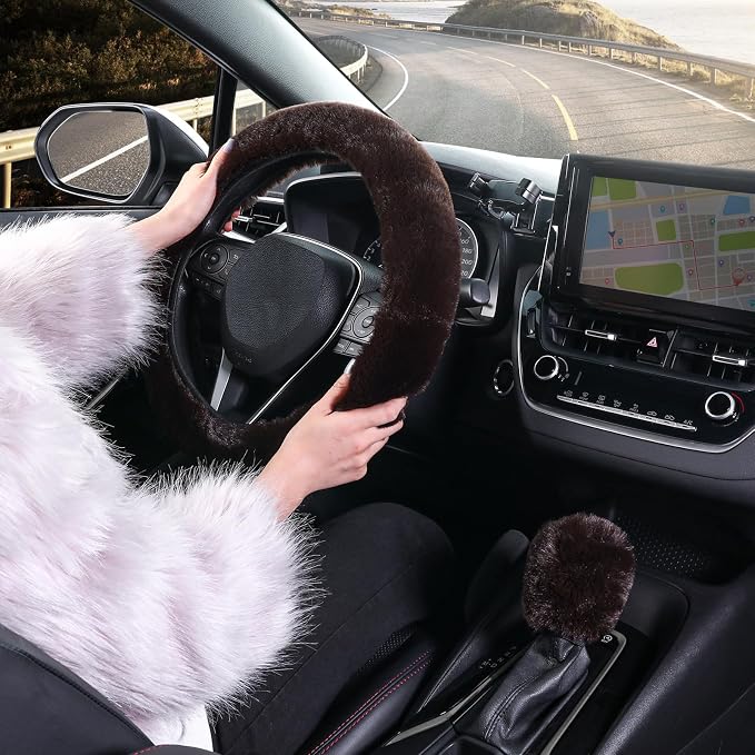SEG Direct Fluffy Furry Steering Wheel Cover Fuzzy Gear Shift Coffee Brown | 2 PCS Set, Gear Shift Cover, Soft and Warm, Cute Fur Auto Decor, Standard Size 14.5- 15 inch for Women Men - Image 6