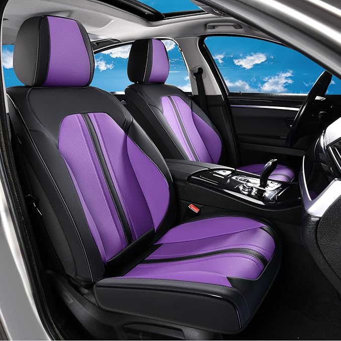 Huidasource Universal Car Seat Cover, Luxury Faux Leather Car Seat Cover Set Velcro Adjustable with Airbags, Thinning Design Perforation Cooling＆Heating Fit for Most Cars Vans Trucks SUVs Black&Purple - Image 2