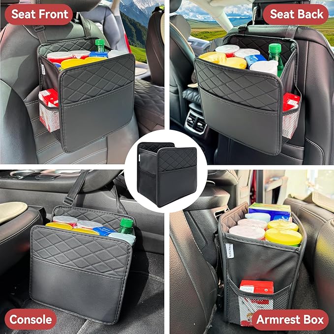 Witaxima Upgrade Car Seat Organizer Backseat with Storage Pockets, Multipurpose Car Organizer Hanging, Car Trash Bag Can,Premium PU Leather Garbage Can 2.14 Gallon Large Capacity, Black. - Image 6