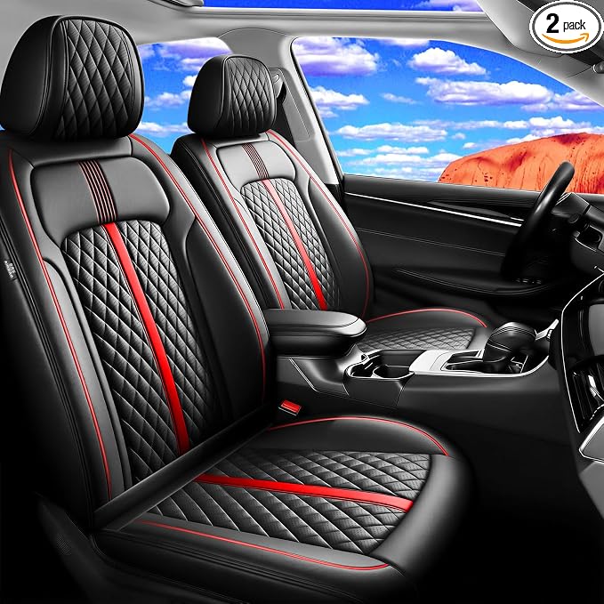 Fit Mazda 6 Seat Covers Custom Fit for Mazda 6 2007-2021, Front Pair | Premium Leather Full Coverage Protectors, Waterproof, Breathable, Scratch Resistant, Easy Wipe, Airbag Compatible, RedTrim by FiveFox