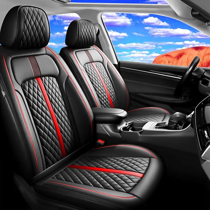 Fit Santa Cruz Seat Covers Fit for Hyundai Santa Cruz 2022-2026, Front Pair | Premium Leather Full Coverage Protectors, Waterproof, Breathable, Scratch Resistant, Easy Wipe, Airbag Compatible, RedTrim by FiveFox