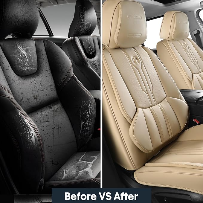 AOOG Car Seat Covers Custom Fit for Ford F150 2009-2026, Faux Leather Seat Cover Set for 2017-2026 F250 F350 F450, Accomodating Regular Cab Super Cab Super Crew Pickup Truck Cushions(Beige, Full Set) - Image 7