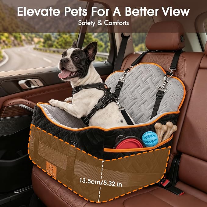 GINMIC Dog Car Seats for Small Medium Dogs up to 35 lbs – Dog Booster Car Seat with 5.3-Inch Memory Foam, Dual Safety Leashes, Detachable Washable Cover & Storage Pockets, Soft Travel Dogs Bed (Black) - Image 4
