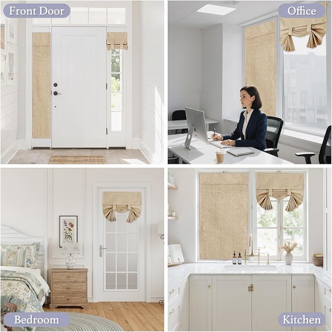 RYB HOME Natural Linen Textured French Door Window Curtains 100% Blackout | Self Adhesive, Thermal Insulated Privacy Energy Saving, Shades for Nursery Office Patio Glass Door, W26 x L69, 1 Panel - Image 9
