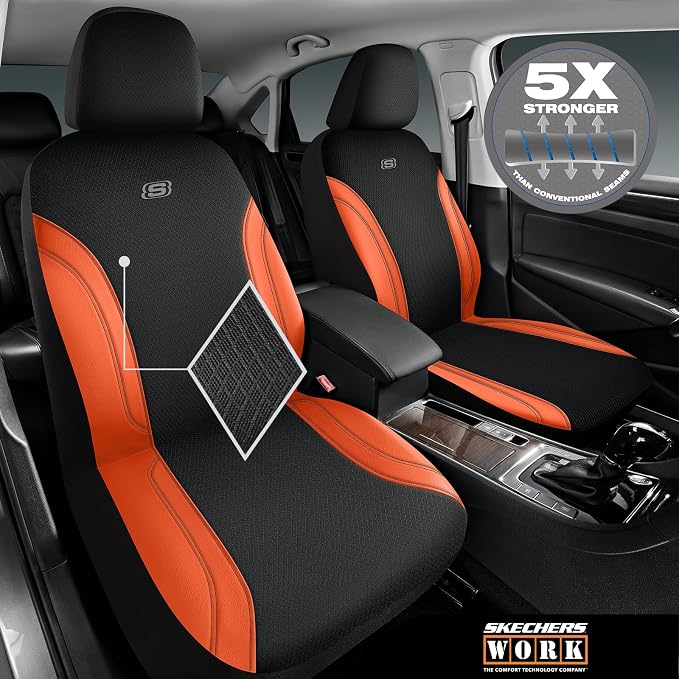 Skechers Work Seat Covers, Leather Car Seat Covers 5-Times Stronger Built-in Webbing, Oxford Fabric Front Seat Cover, Airbag Compatible, Automotive Comfort for Cars, Trucks, SUVs,Orange - Image 2