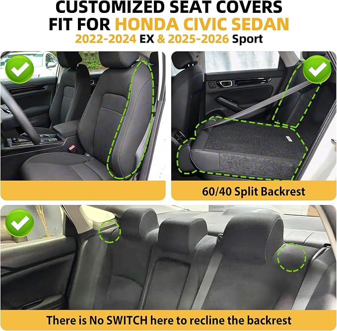 Lolcar Custom Fit Civic Seat Cover Full Set for Honda Civic 4 Door Sedan-Only (2022 2023 2024 EX)&(2025-2026 Sport),5-Seats Full Set,Leather Seat Protector (Black) - Image 2