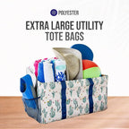 Extra Large Utility Tote Bag, Oversized Collapsible Reusable Wire Frame Rectangular Canvas Basket With Two Exterior Pockets For Beach, Pool, Laundry, Car Trunk, Storage - Cactus White - Image 7