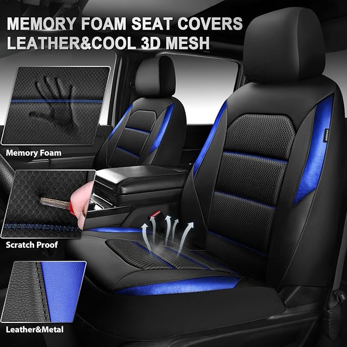 CAR PASS Memory Foam Leather Seat Covers,Air Cool Mesh Thick Car Seat Covers Front Seats Blue Leather Seat Covers for Cars Universal for SUVs Trucks,Airbag Compatible Comfort Durable,Black Blue Metal - Image 2