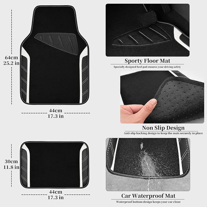CAR PASS Leather Steering Wheel Cover and Waterproof Car Floor Mats, Microfiber Universal Car Combo Fit for 95% Sedan SUV Van,14.5-15 inch Sporty Anti-Slip Safety Comfortable Design, Black＆White - Image 5