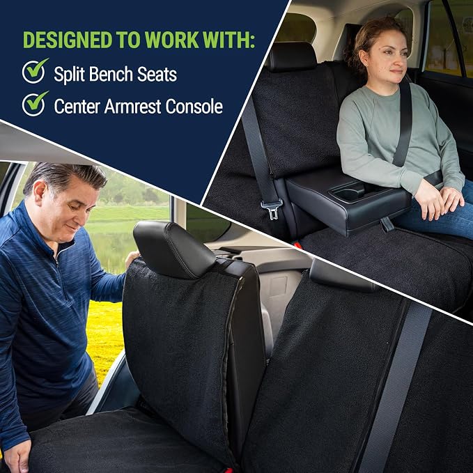 Season Guard Back Seat Towel Seat Cover for Cars; Great for After Gym Workouts, Dogs, and Outdoor Activities; Universal Fit for Cars SUVs Vans Trucks Rear Seats, EZ fit, Non Slip Grip, Black - Image 4