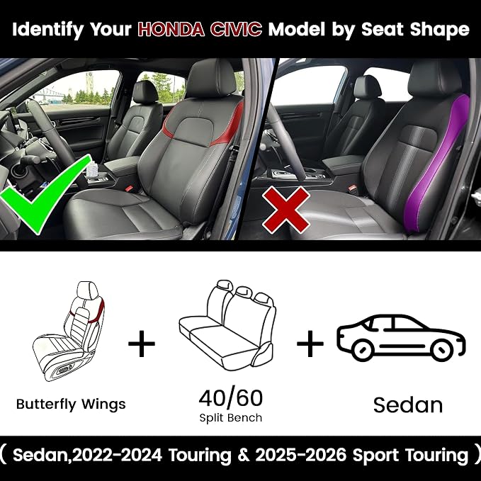 HKZ Custom Fit Civic Seat Cover Full Set for Honda Civic (Sedan 2022 2023 2024 Touring)&(Sedan 2025-2026 Sport Touring),5-Seats Full Set,Leather Seat Protector(Grey) - Image 2