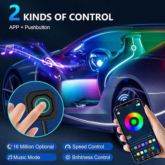 Dreamcolor Acrylic Interior Car LED Strip Light with Wireless APP Control, RGB 14-in-1 Ambient Lighting Kit with Music Sync, Dynamic Color Chasing Neon Light Kits for Car Interior - Image 6