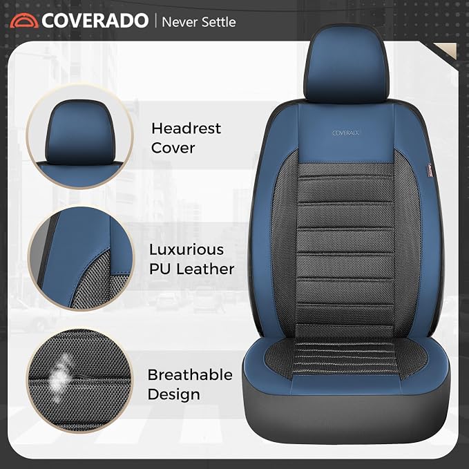 Coverado Car Seat Covers Front Seats, Luxury Leather Car Seat Covers, Automotive Mesh Seat Covers 2 Pack, Airbag-Compatible, Black Blue Seat Covers for SUV Sedan Truck - Image 5