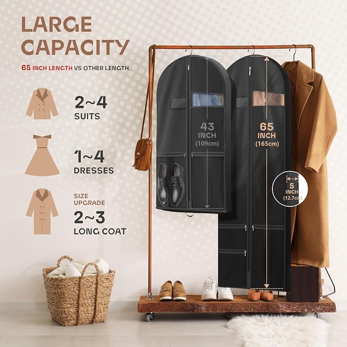 Lazebox 65" Travel Garment Bag with Accessories Zipper Pocket, Heavy Duty Suit Bag for Suits, Tuxedos, Dresses, Coats, Black, 2 packs - Image 2