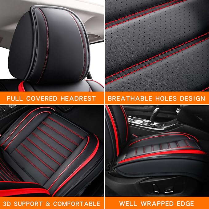MINGBRON Leather Car Seat Covers Full Set, Universal Faux Leather Car Seat Covers 5 Seats, Automotive Seat Covers for Most Sedans SUVs Trucks, Front and Rear Seat Covers,Wine Red - Image 6