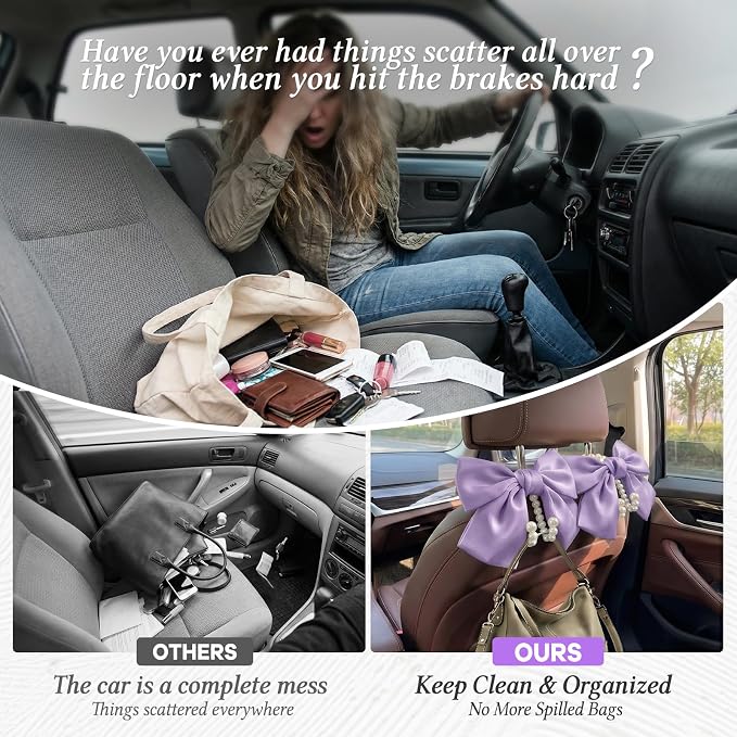 2PCS Satin Bow Pearl Car Seat Headrest Hooks – Car Bag Holder & Vehicle Hanger for Purses – Cute Coquette Aesthetic Interior Decoration – Cute Auto Organizer Accessories Universal (Lavender Purple) - Image 5