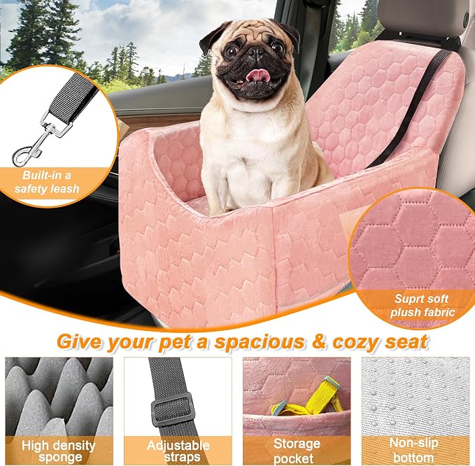 Dog Car Seat for Small/Medium Dogs, Memory Foam Dog Booster Seat, Travel Safety Per Car Seat with Washable Removable Cover, Storage Pockets for Dogs up to 35 lbs (Pink, Small) - Image 3